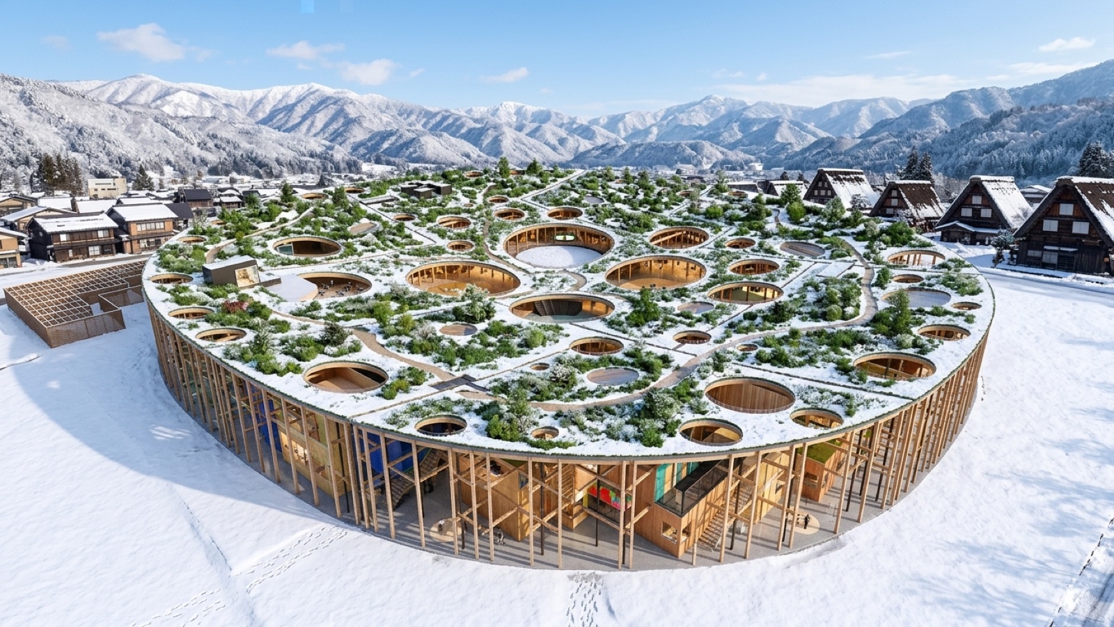 AI Render: 雪化粧の里山コミュニティ施設
