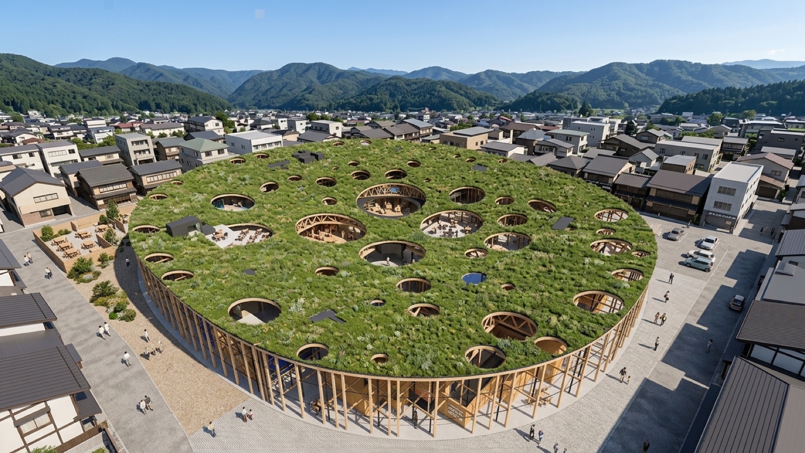 AI Render: 夏の里山コミュニティ施設